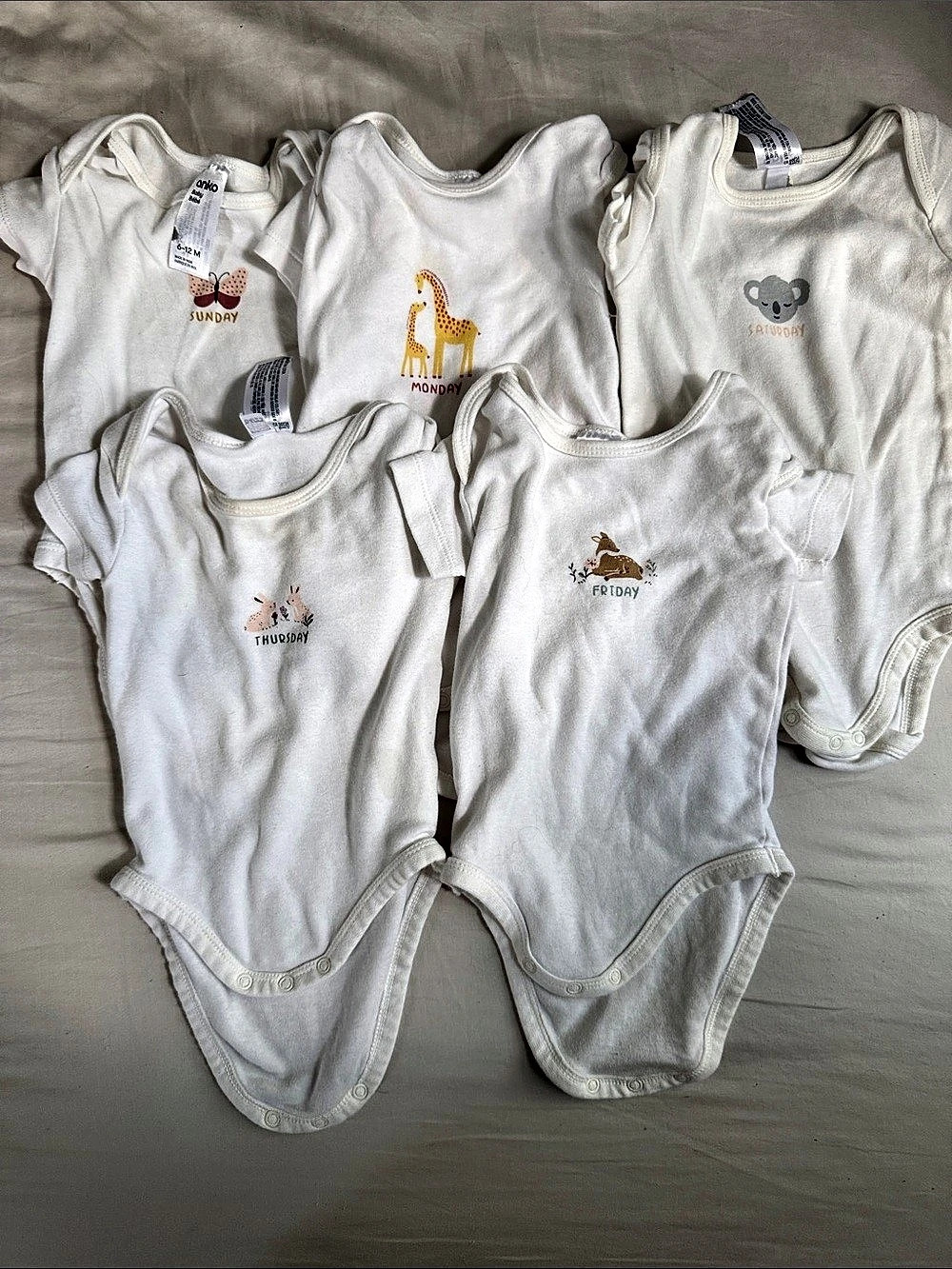 Anko Days of the Week Animal Print Short Sleeve Bodysuits Set Bodysuit Set White